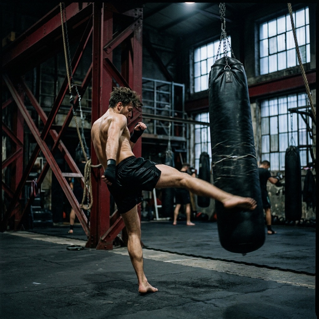 Clase de kickboxing, patada al saco