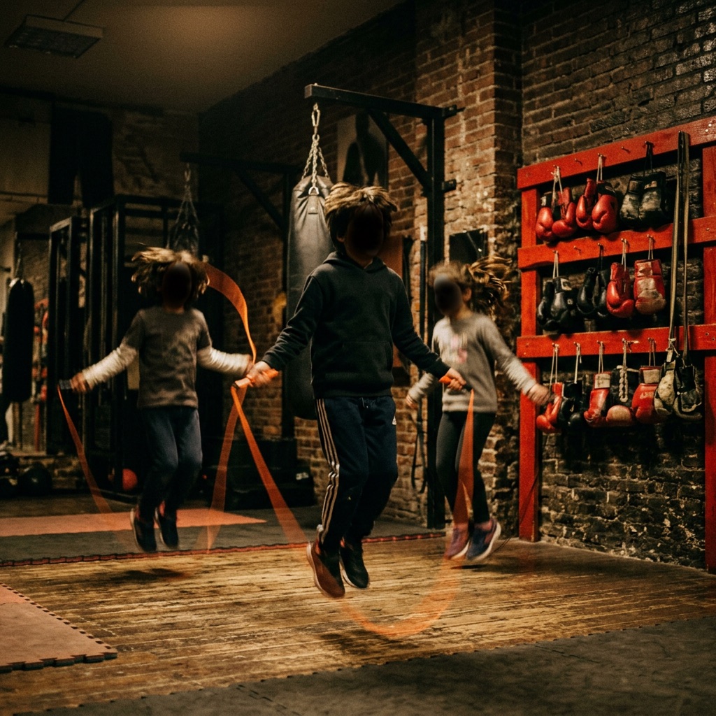 Niños saltando a la cuerda en clase de mini-box